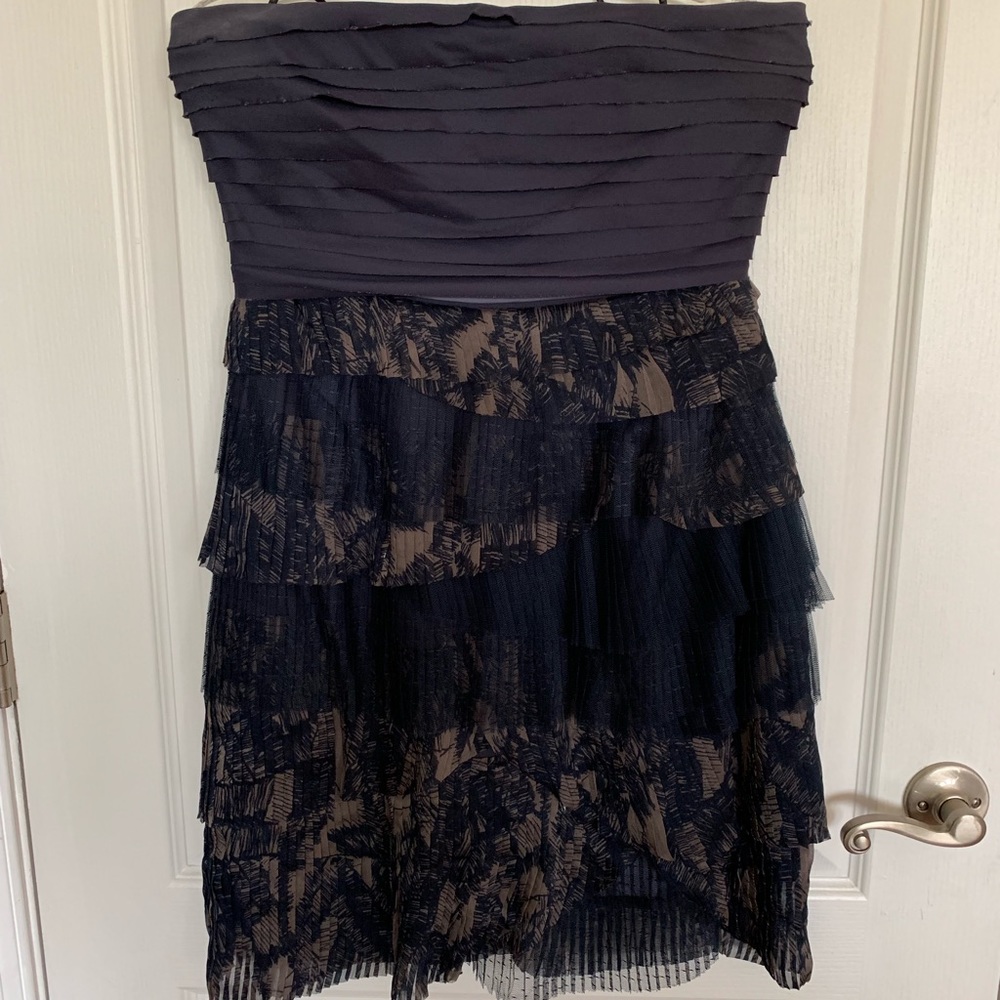 Navy and taupe cocktail dress.